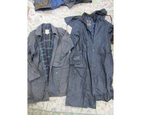 A full length Mascot Newmarket wax jacket with hood and an Aron wear wax jacket both size M
