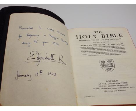 &nbsp;H M Queen Elizabeth II, Bible of royal intrest - singed Elizabeth R on January 18th 1953, an Oxford University Bible in