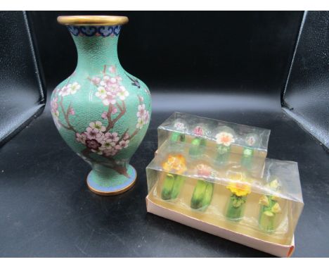 Cloisonn&eacute; style vase and 2 sets ceramic floral napkin rings