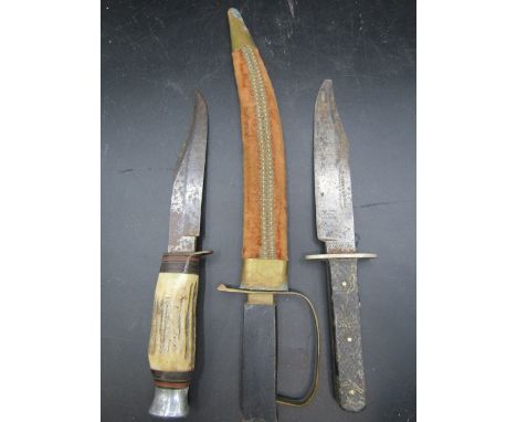 Joseph Rogers Bowie knife (hand forged and hand ground) 17cm blade (tip broken) a curved Indian knife with suede scabbard and