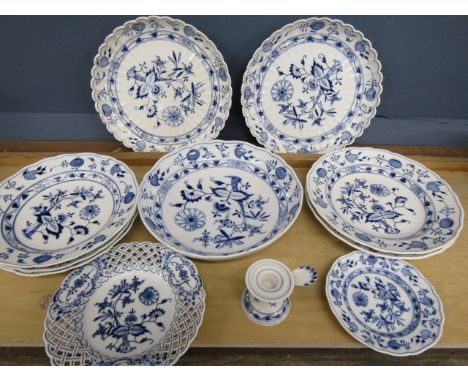 Meisson Blue Onion plates and bowls- 5 bowls 24 &amp; 26cm, 2 scalloped edge plates 27cm dia (one has chip on edge) wave edge
