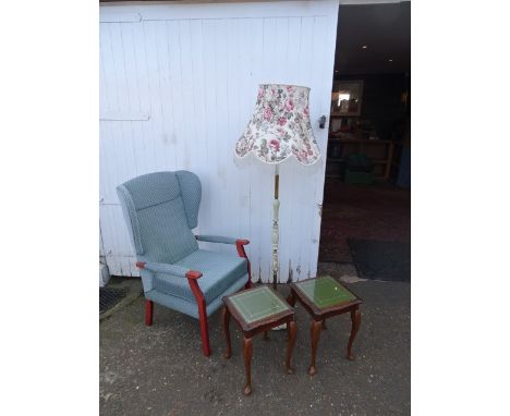 Upholstered armchair, onyx and brass floor lamp and 2 glass topped side tables&nbsp;