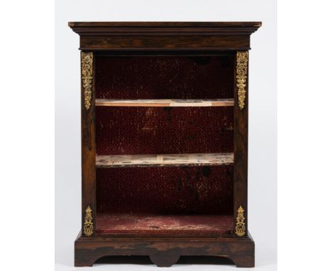 A 19th Century rosewood and gilt metal mounted pier cabinet:, adapted as an open bookcase, with fixed shelves, the pilasters 