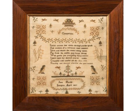 A mid 19th century needlework sampler: with central verse and traditional designs of trees, birds and flowering shrubs, worke