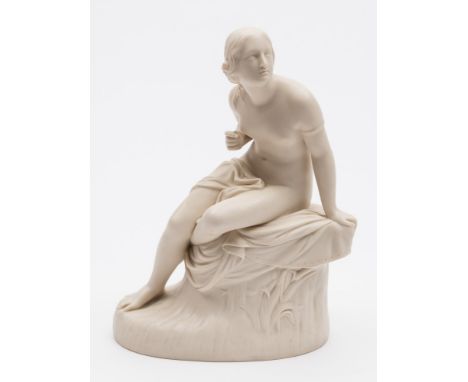 A Copeland parian figure of 'Sabrina': modelled after the original by William Calder Marshall seated near naked on a cloak an