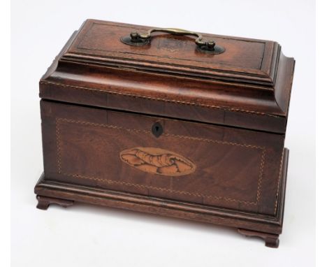 A 19th century mahogany and inlaid tea caddy:, of rectangular outline, the shallow domed top inset with inlaid flowerhead med
