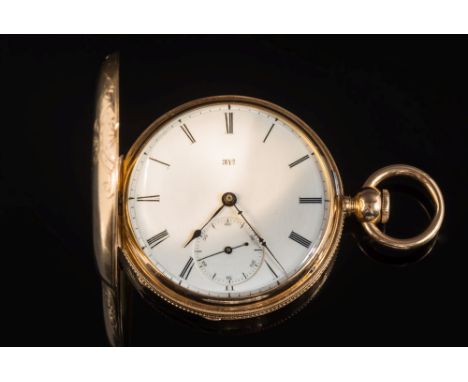 Elgin. A lady's key wound, hunter pocket watch:, the white enamel dial with subsidiary seconds dial, the movement with backpl