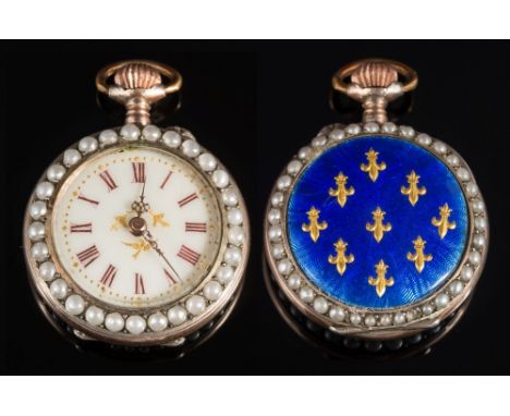 A French enamelled gold and seed pearl fob watch:, the dial with Roman numerals within a surround of seed pearls, the reverse