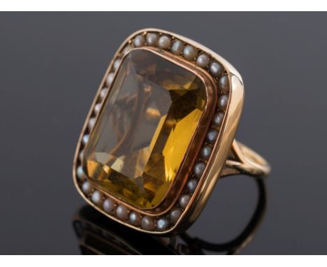 A rectangular smoky citrine and cultured seed-pearl cluster ring:, the rectangular smoky citrine approximately 20mm long x 16