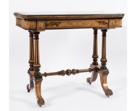 A Victorian walnut, ebonised, inlaid and gilt metal mounted rectangular card table:, bordered with boxwood and ebonised lines