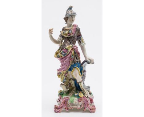 A large Bow figure of Minerva: the goddess wearing a plumed helmet and richly decorated tunic, shirt and robe, her left hand 