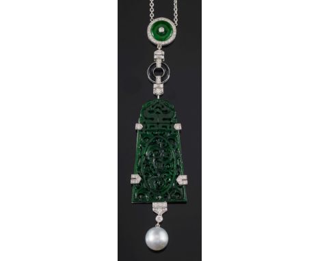 An art deco-style diamond, moulded green glass and freshwater cultured pearl pendant:, the pseudo jade green glass panel secu