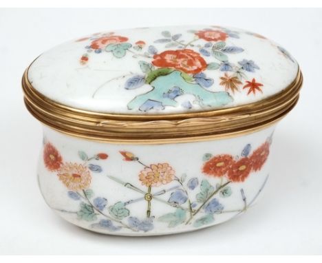 A Meissen gold mounted snuff box: of oval cartouche form, painted in polychrome enamels in the Kakiemon style with insects, f