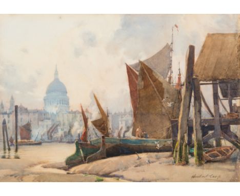 * Hubert Coop [1872-1953]-
East coast hay barges unloading on the Thames, 
St Paul's in the distance:-
signed
watercolour
37 