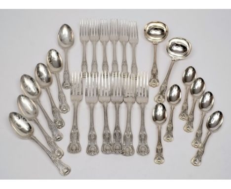 A matched silver Kings pattern part flatware service, various makers and dates: includes six dinner forks, six dessert forks,