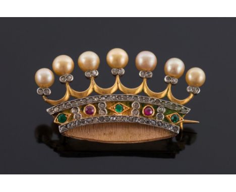 A late 19th century gold, seed-pearl, diamond, emerald and ruby mounted crown brooch:.


