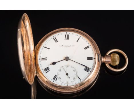 Thomas Russell and Son. A gentleman's 9ct gold cased keyless lever hunter pocket watch:, the white enamel dial with Roman num