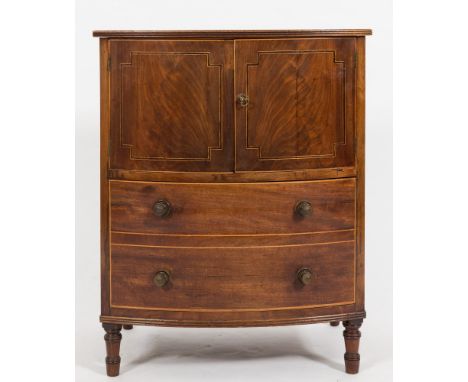 An early 19th Century mahogany and inlaid bow fronted adapted commode chest:, bordered with boxwood and ebonised lines, the h