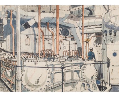 * Claude Graham Muncaster [1903-1974]-
On board ship - the engine room:-
signed bottom left
pen ink and watercolour
27 x 37cm