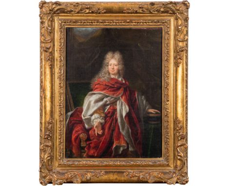 Circle of Hyacianthe Rigaud [1659-1743]-
Portrait of a Nobleman, 
standing three-quarter length, wearing full wig and satin g