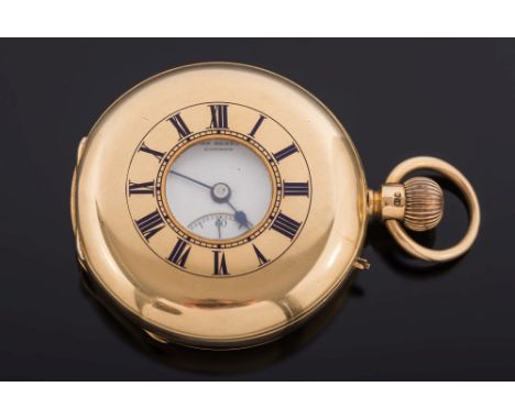 Sir John Bennet Ltd. A gentleman's 18ct gold half-hunter pocket watch: with keyless lever movement, white enamel dial, Roman 