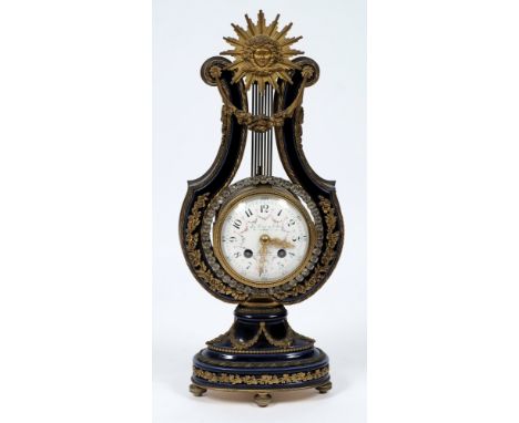 Le Roy, Paris, a French porcelain lyre clock: the eight-day duration movement striking the hours and half-hours on a bell, th