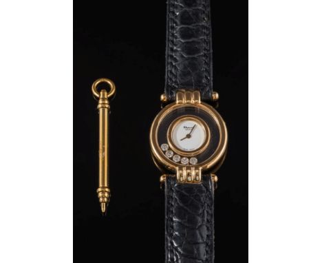 Chopard Geneve. A lady's yellow gold cased 'Happy Diamonds' wristwatch:, the circular, white dial within a surround of five b