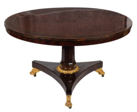 A Regency mahogany, inlaid and giltwood circular breakfast table:, bordered with brass and ebony lines, the snap top with a w