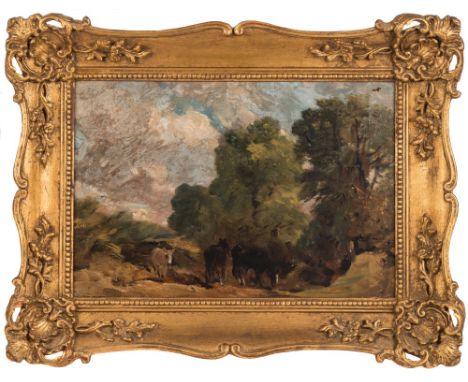 John Constable R.A. [Suffolk 1776-1837 London]-
Landscape with horses:-
oil sketch on canvas
24 x 36cm.

* Provenance.
Collec