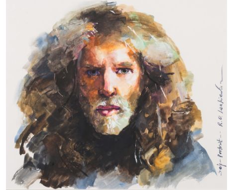 * Robert O Lenkiewicz [1941-2002]-
Self-Portrait:-
signed and inscribed
watercolour heightened with bodycolour
28 x 32cm.

