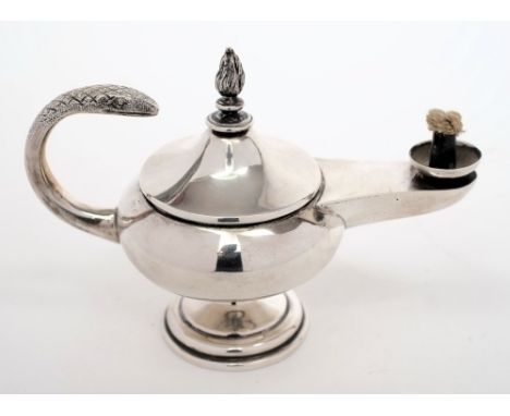 A George V silver oil lamp, maker F J Ross & Sons, Chester, 1926: in the neoclassical style, with domed lid and handle in the