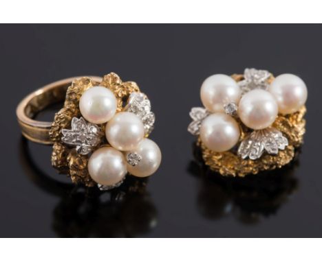 A cultured pearl and diamond mounted cluster ring with matching brooch: each with four cultured pearls highlighted with folia