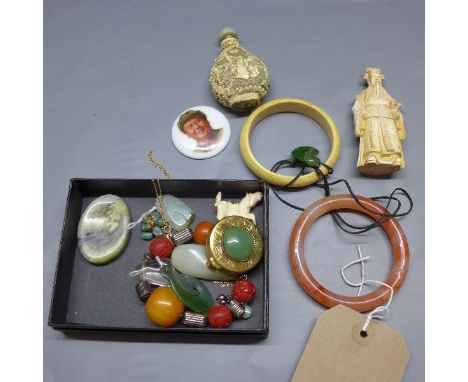 Five jade pendants, a pair of jade earrings, agate, ivory bangle plus sundry items 