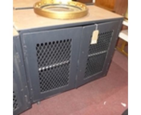 Four vintage metal coin lockers, raised on castors, reportedly from the Bank of England