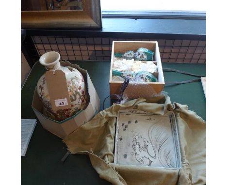 A 20th century Japanese ceramic tray in wooden container, a Japanese sake set in wooden container and a Japanese ceramic vase