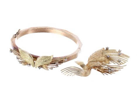 9ct yellow gold leaf design bangle, set with ten round brilliant-cut diamonds, 19gm; also a similar 9ct yellow leaf design br