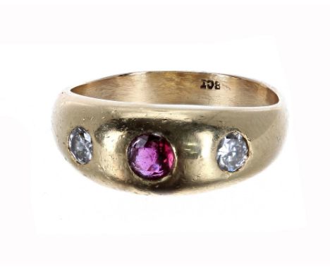 18ct ruby and diamond three stone ring, round brilliant-cut, 0.30ct approx, band width 18mm, 7.7gm, ring size P/R