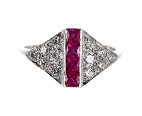 Art Deco style platinum ruby and diamond cluster ring, with four calibrated rubies in a pavé diamond surround, width 11mm, 3.