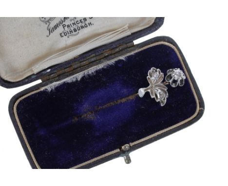 Antique rose diamond set floral stick pin in box, 3gm