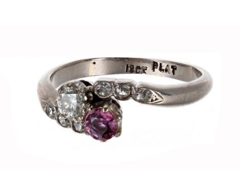 18ct white gold ruby and diamond cross-over design ring, 3.1gm, ring size J/K 