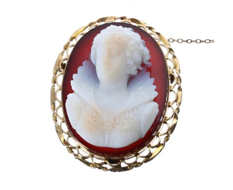 18ct mounted hardstone cameo relief carved oval brooch, depicting a portrait of a lady within a pierced mount with safety cha