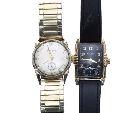 Bulova gold filled rectangular curved gentleman's wristwatch, the black dial with applied Arabic numerals and subsidiary seco