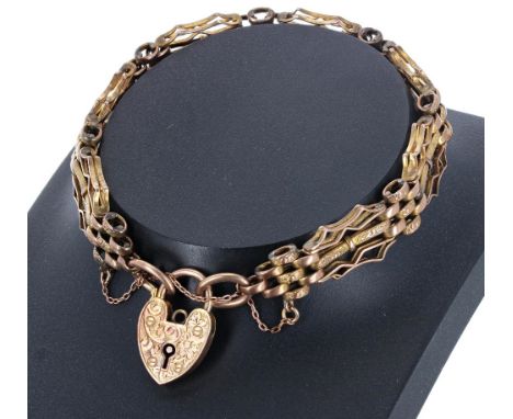 Edwardian 9ct engraved gate bracelet with a padlock clasp, 11.7gm