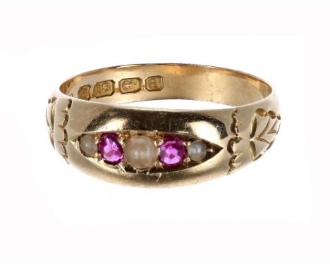 Late Victorian 18ct ruby and pearl gypsy ring, Birmingham 1900, band width 7.5mm, 4.5gm, ring size S 