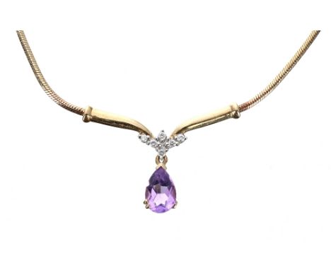 Amethyst and diamond 9ct herringbone necklace, the integral pendant with six small round brilliant-cut diamonds over a pear s