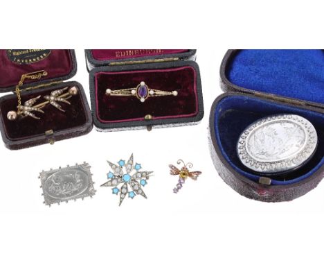 9ct seed pearl lovebird brooch, 3.7gm, boxed; gold amethyst and pearl brooch, 2.7gm, boxed; silver gilt bug brooch, silver pe