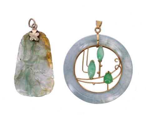 14ct yellow gold mounted circular jade pendant, 13.3gm, 38.5mm diameter; together with a carved jade pendant, 42mm x 33mm 