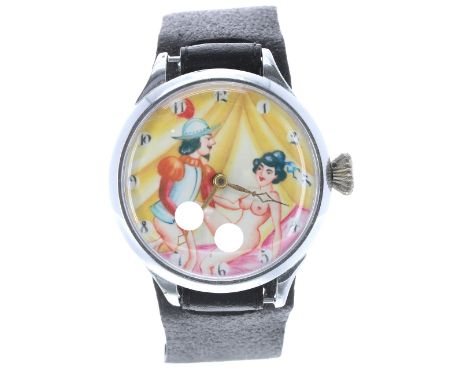 Novelty erotic automaton oversized chrome cased gentleman's wristwatch, black leather strap, 46mm (at fault) - Movement - req