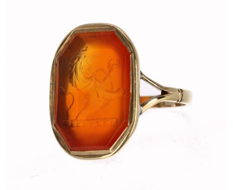 Antique gold mounted cornelian intaglio seal ring, the matrix 24mm x 18mm, 6.7gm, ring size P