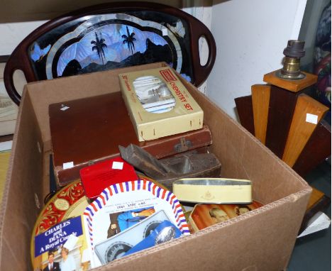 A selection of collectables to include a butterfly wing tray; an Art Deco lamp; box cameras; royal memorabilia; etc.